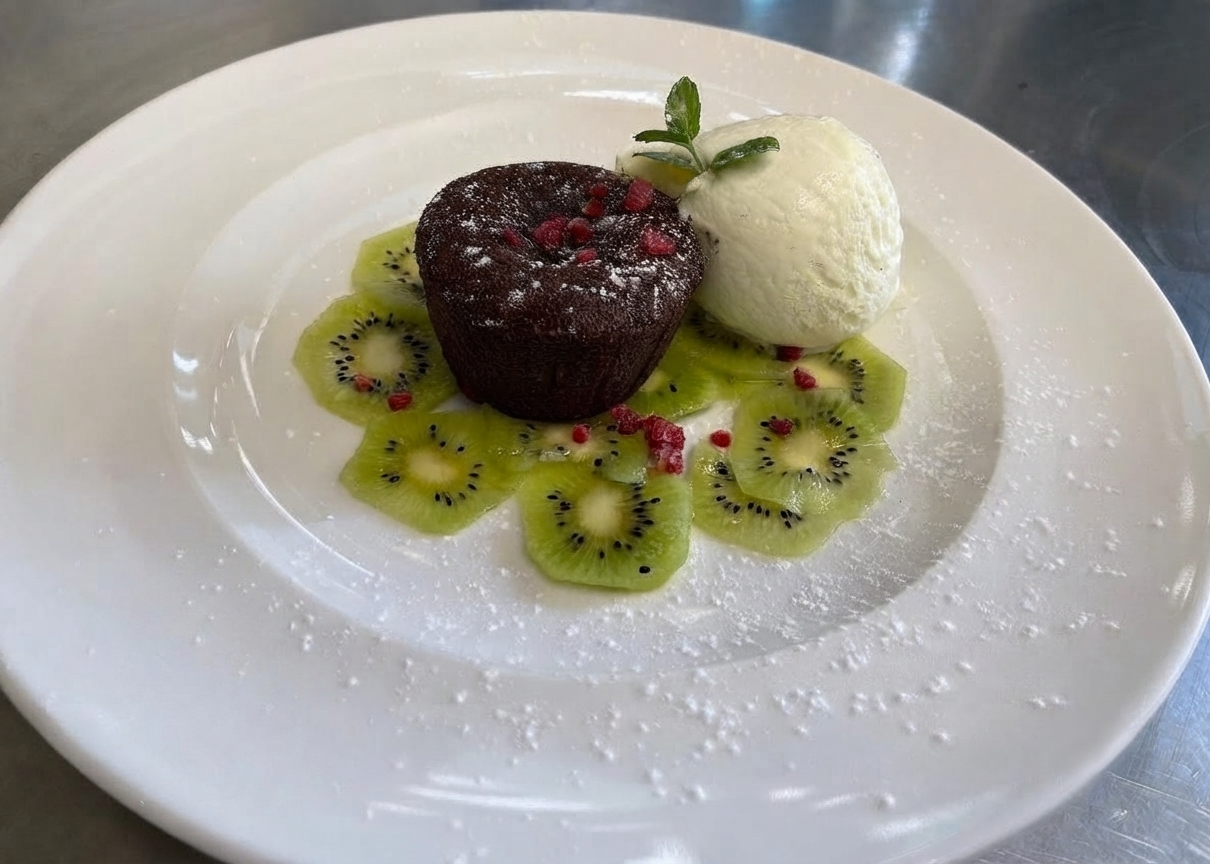 Moelleux au chocolat, glace et kiwi au Cafe Rio